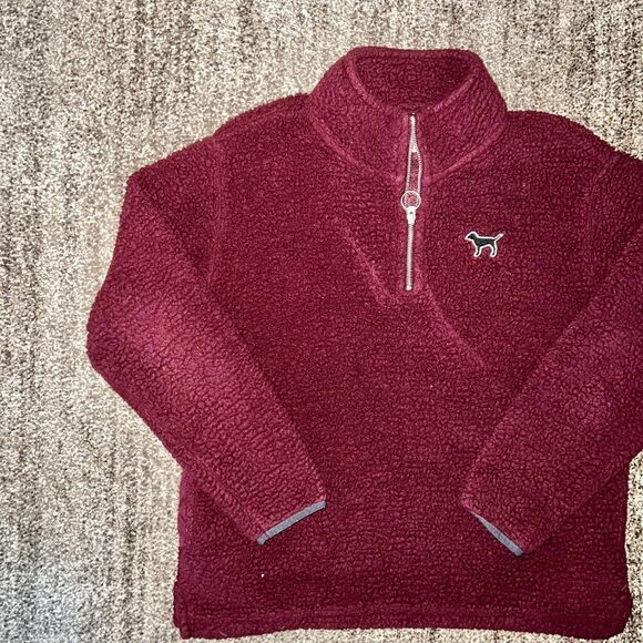 PINK Victoria Secret Furry Sherpa Fleece Pullover 1/4 Zip Sweatshirt in Maroon - Picture 2 of 6